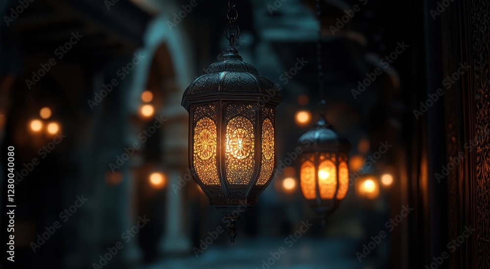 Poster ornate hanging lanterns illuminating a darkened passageway with intricate patterns and warm light fo