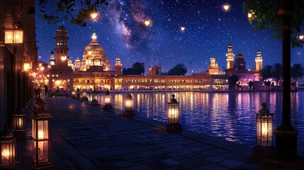 Serene Night Scene of a Palace with Stars and Lanterns by a Lake