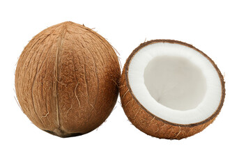 A whole coconut and a half revealing the white interior, isolated on white background, no depth of field, sharp.