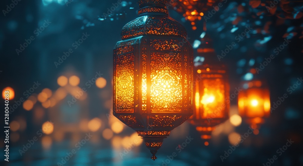Poster ornate lanterns casting warm glow in enchanted forest setting with mystical atmosphere and soft focu