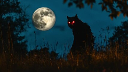 The silhouette of the cat with red eyes stood out against the glowing moonlit night sky.