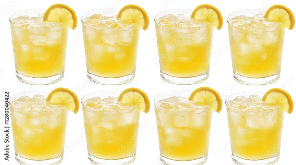 Poster refreshing yellow cocktails with ice and lemon slices arranged in a grid pattern