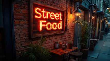Neon Street Food Sign, Alleyway, Dusk, City