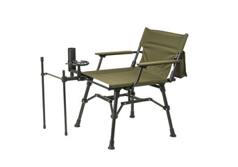 a fishing camping chair, multi-functional outdoor seat, rod holder attached, army green, isolated on white background