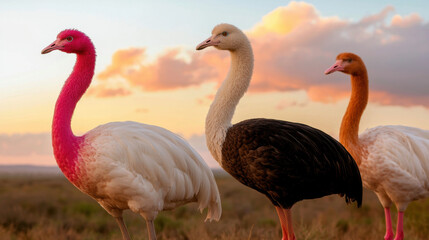 Obraz premium Environmental crisis. Three colorful birds standing in a picturesque landscape.