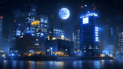 Ethereal Metropolis Nightscape with Luminous Buildings Reflecting in Dark Waters Under a Glowing Moon and Starry Sky Overhead