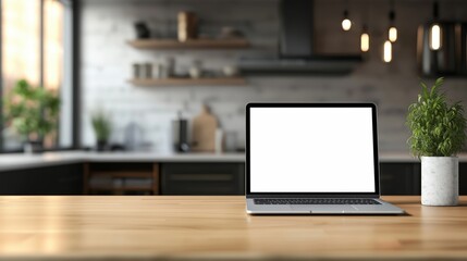 On wooden table is a laptop  with blank white screen. blurred modern kitchen background