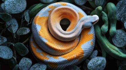 Fototapeta premium Coiled Orange And White Snake Among Green Leaves