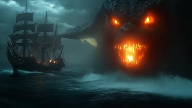 The legendary sea monster emerged from the depths, terrifying sailors with its massive size and roar.