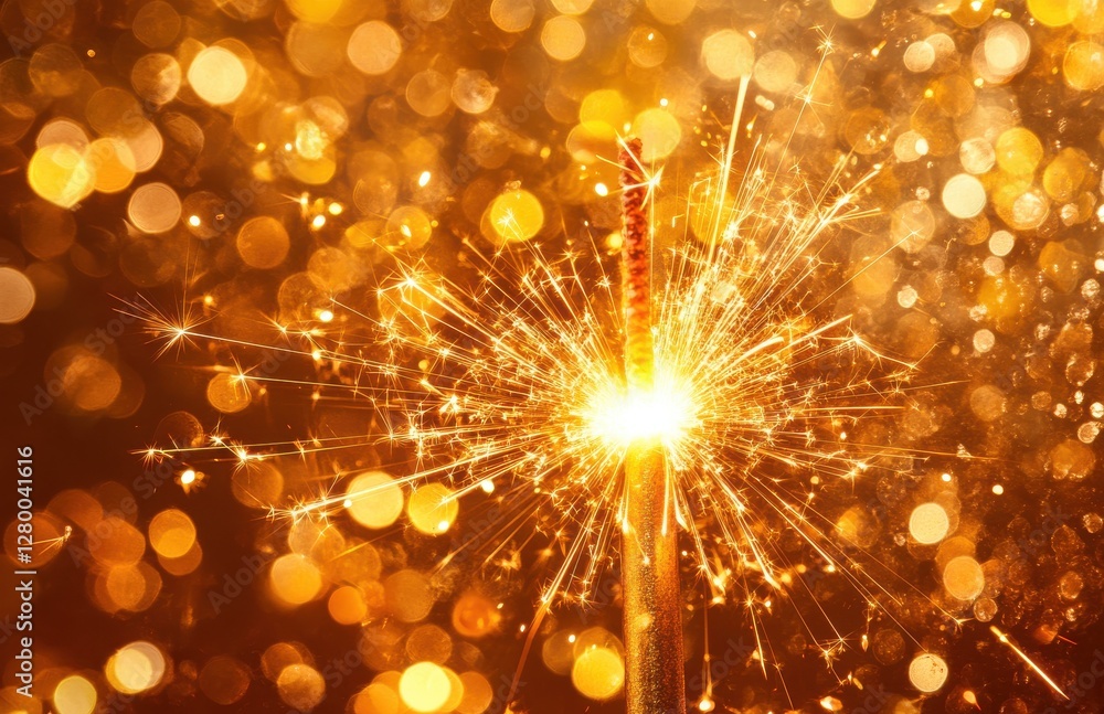 Poster sparkler firework creating bright sparkle on golden background with glowing bokeh effect for festive