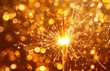 Sparkler Firework Creating Bright Sparkle on Golden Background with Glowing Bokeh Effect for Festive Celebrations and New Year Events