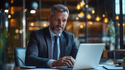 Fototapeta premium A mature man sitting at his desk, concentrating on working on his laptop