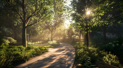 Fototapeta premium Enchanting Sunrise at Tranquil Park, A Serene Morning Escape in Nature