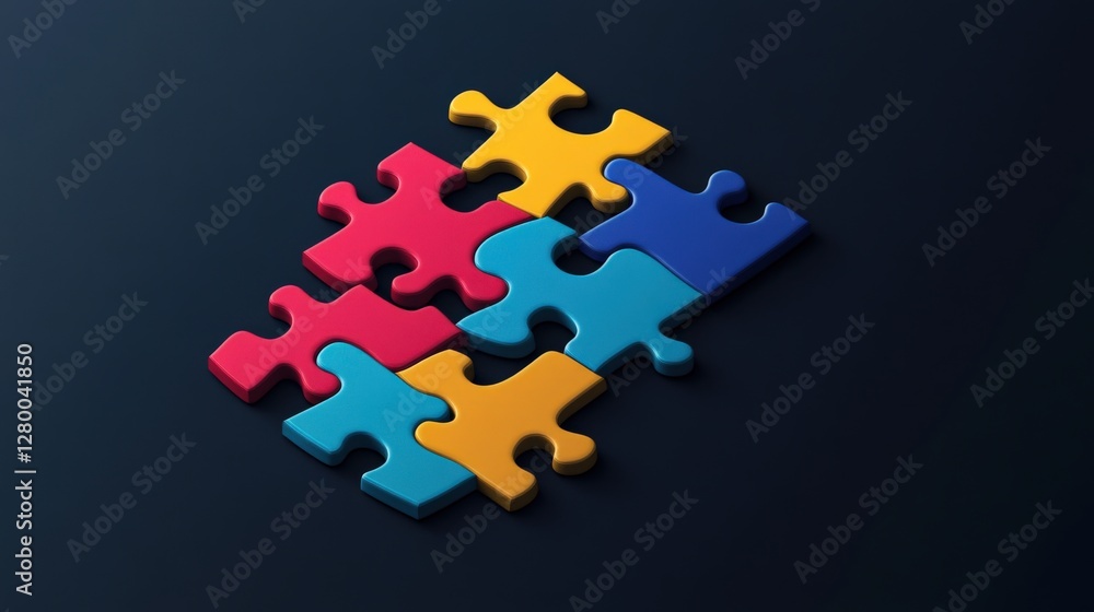 Poster colorful interlocking puzzle pieces arranged on a dark background, symbolizing problem-solving and c