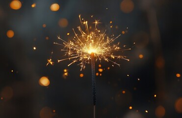 Obraz premium Sparkler Glowing Brightly Against a Dark Background with Bokeh Effect, Creating a Magical and Festive Atmosphere for Celebrations and Events