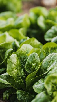 Freshly harvested green leafy vegetables in a well-maintained garden during the morning