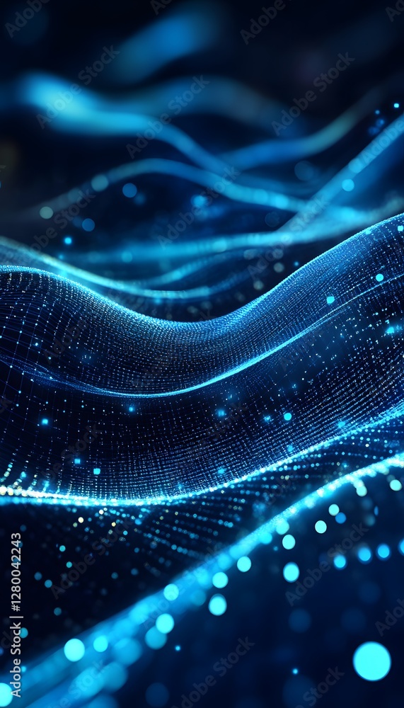 Poster blue digital wavy lines composed of tiny illuminated particles swirl