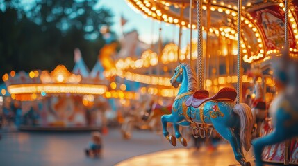 Fototapeta premium Carousel Horse with Illuminated Carousel Background