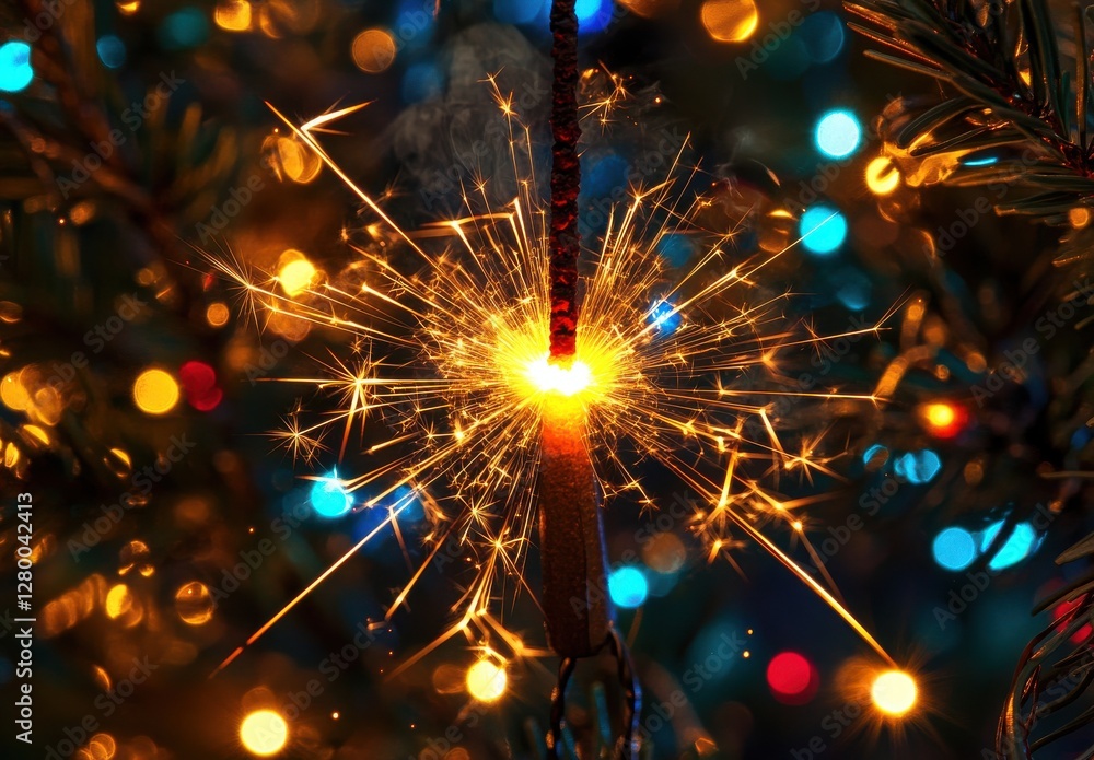 Aufkleber sparkler igniting on dark background with colorful bokeh fairy lights creating a festive atmosphere 