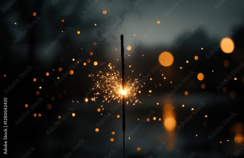Poster sparkler in focus with glowing bokeh background creating a magical nighttime atmosphere with soft li