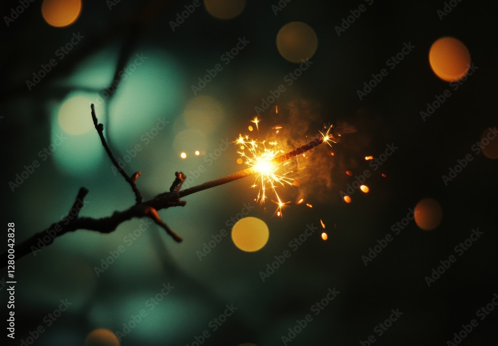 Aufkleber sparkler on a branch with blurred bokeh background creating a festive and magical atmosphere for cel