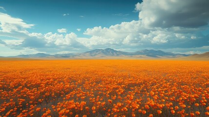 Orange poppy field, mountain backdrop, sunny day, travel poster