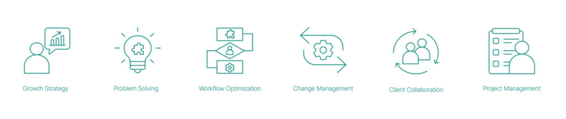 Growth Strategy, Problem Solving, Workflow Optimization, and Project Management Icons