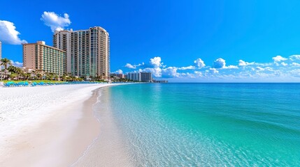 Obraz premium Stunning Panoramic View of a Pristine Beach with Turquoise Water and Residential Buildings under a Vibrant Blue Sky