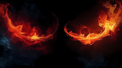 Symmetrical Flames Art: Red, Yellow, Orange, Blue Fire on Black Background
