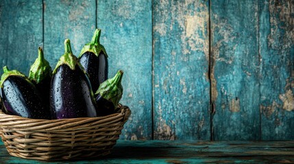 Fresh Organic Eggplants in a Woven Basket on Rustic Background