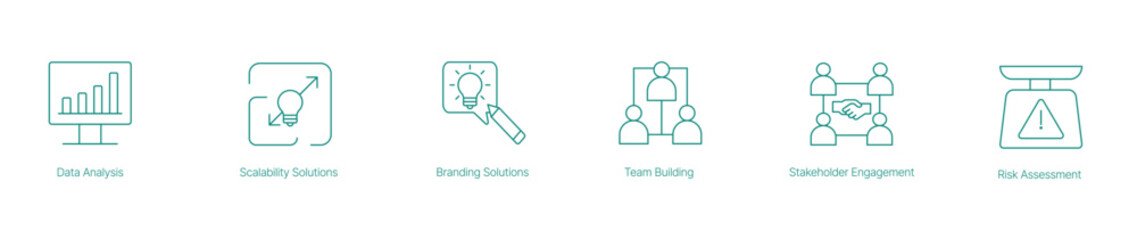 Data Analysis, Scalability Solutions, Branding Solutions, and Risk Assessment Icons