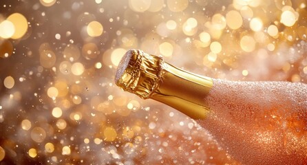 Sparkling Champagne Bottle with Bubbling Foamy Cork Against a Blurred Glittering Background for Celebration and Festive Moments