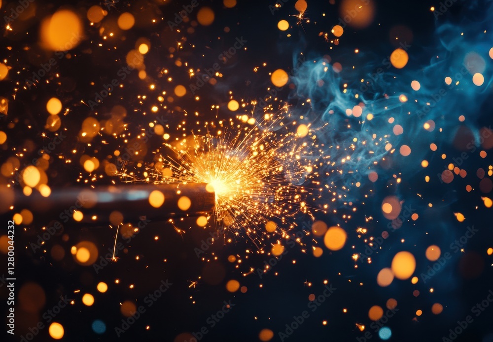 Poster sparkling fireworks display with colorful lights and beautiful sparks in dark night sky creating a v