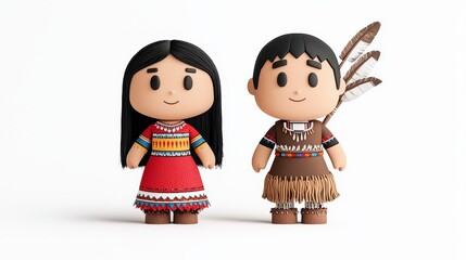 Stylized 3D Render of Indigenous Cartoon Girl and Boy Figures in Traditional Clothing