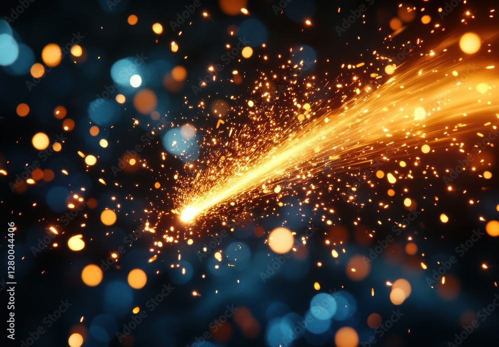 Poster sparkling golden trail of light in a vibrant blue background, creating a dynamic and energetic visua
