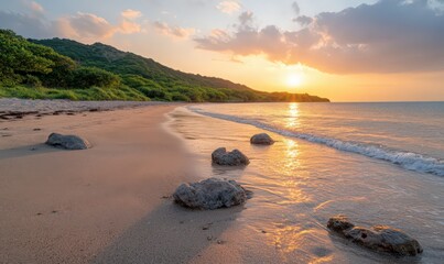 Serene Sunset Over Sandy Beach and Rolling Green Hills
