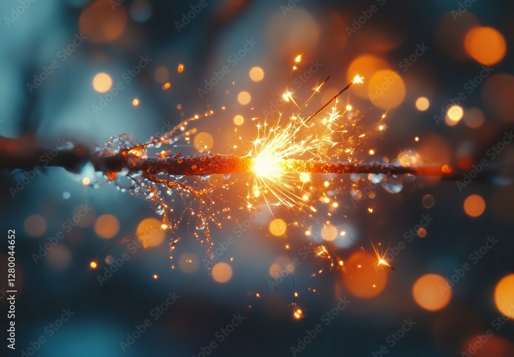 Poster sparkling light burst from wire with blurred bokeh background and droplets of water creating a magic
