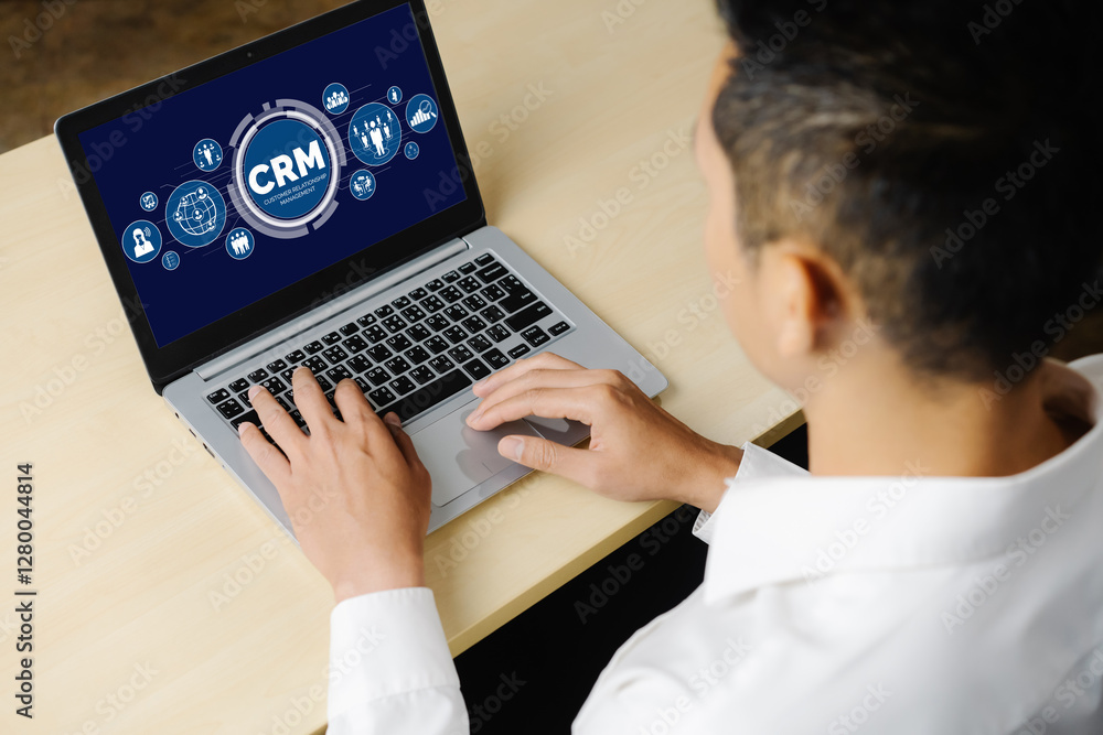 Aufkleber customer relationship management system on modish computer for crm business and enterprise