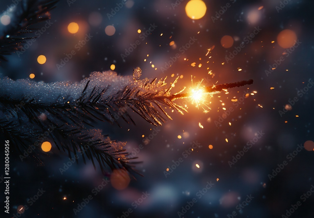 Poster sparkling snow-covered pine branch radiating warm light in a dreamy winter landscape, creating a mag