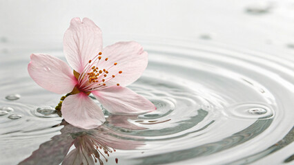 Delicate Cherry Blossom Petal Floating on Rippled Water Surface with Soft Reflections
