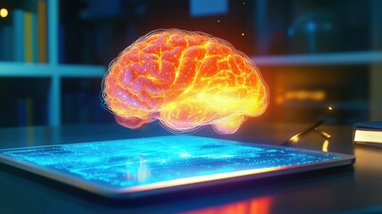 Human Brain Graphic Above Tablet with Circuit Pattern