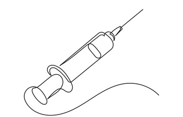 Continuous line drawing of a syringe with. Medical syringe isolated on white background. Health and medical concepts.single-line medical disposable syringe with needle.Vaccine vial and syringe.