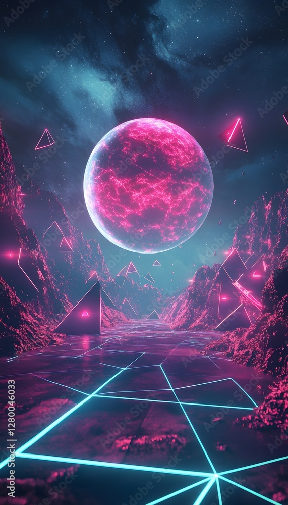 Poster a cosmic scene featuring a glowing planet and triangular objects
