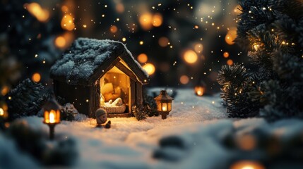 Miniature Nativity Scene in Snow with Lanterns and Christmas Tree