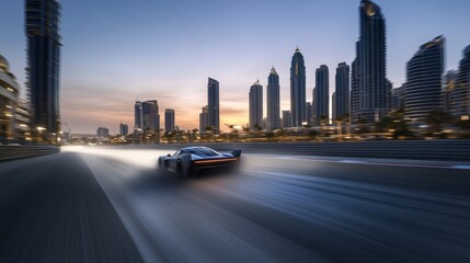 Fototapeta premium Drag racing car speeding past a sleek modern skyline at dusk. Featuring power and elegance