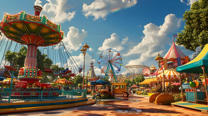 A vibrant amusement park scene under a beautiful blue sky with fluffy clouds and a rainbow