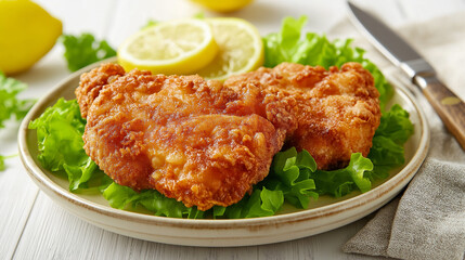 Two fried pork chops with lettuce and lemon slices