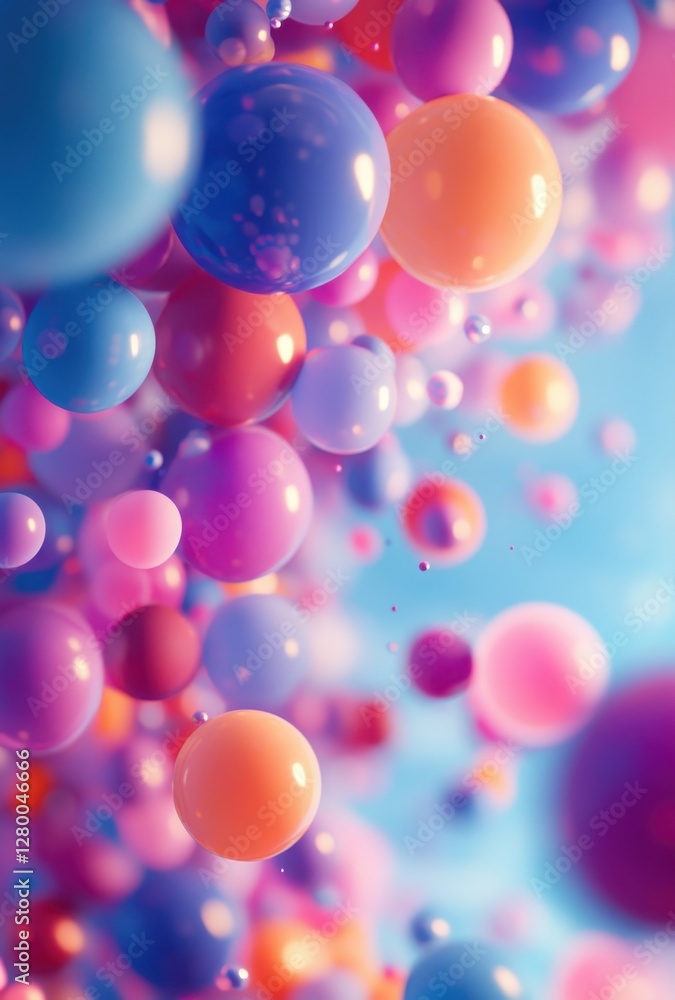 Poster vibrant abstract background with multicolored bubbles and spheres floating in a soft blue atmosphere