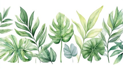 Watercolor Tropical Leaves Border  Greenery Pattern  Botanical Illustration