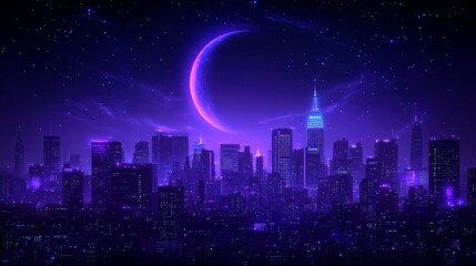 Cyberpunk cityscapes with celestial crescent moon a vibrant and atmospheric nocturnal urban scene under cosmic night enhanced for digital design